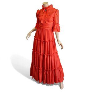 Vintage 1970s Lipstick Red Ruffled Maxi Dress